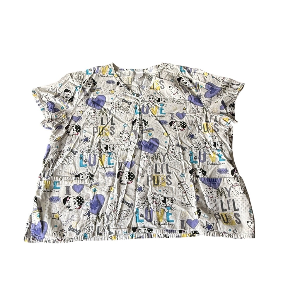 Disney 101 Dalmatians Scrub Top Womens White V-Neck Short Sleeve Pockets 3XL